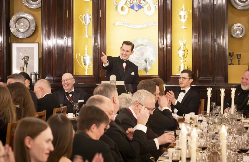 Liam Randall delivering a speech at Pewterers' Hall.